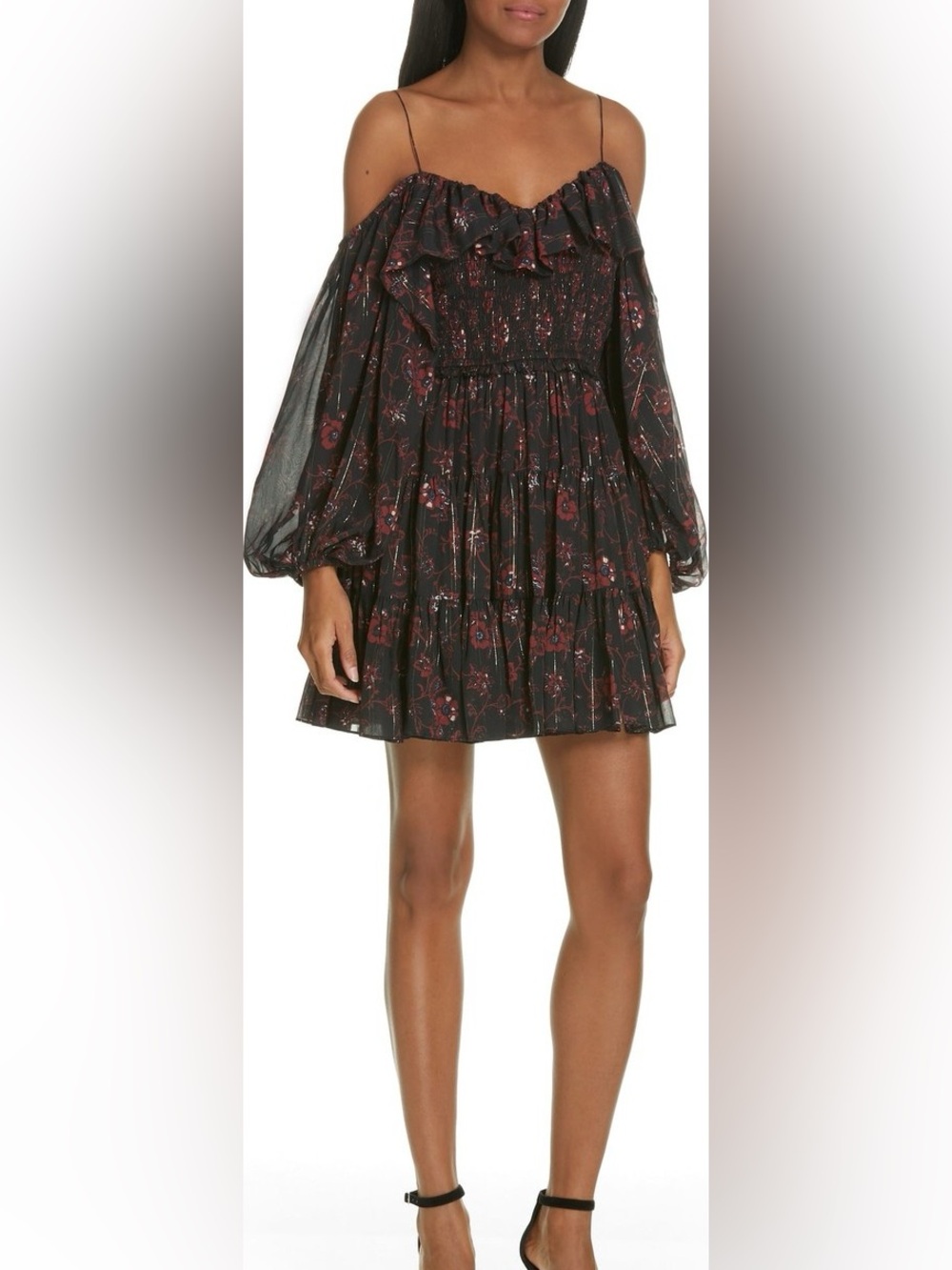 Ulla Johnson Black Mini Dress with Burgundy Floral Print